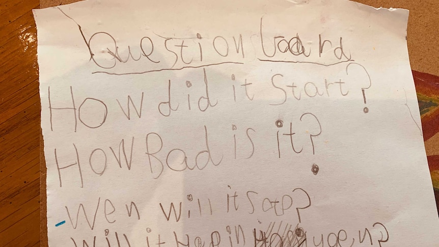 Piece of paper written by a child, list of questions about Coronavirus. eg How did it start