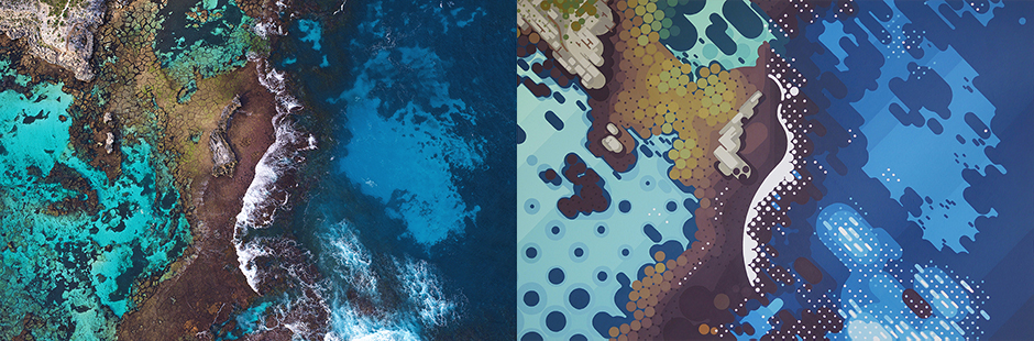An aerial photo of Rottnest Island's coastline alongside an artwork of the image.