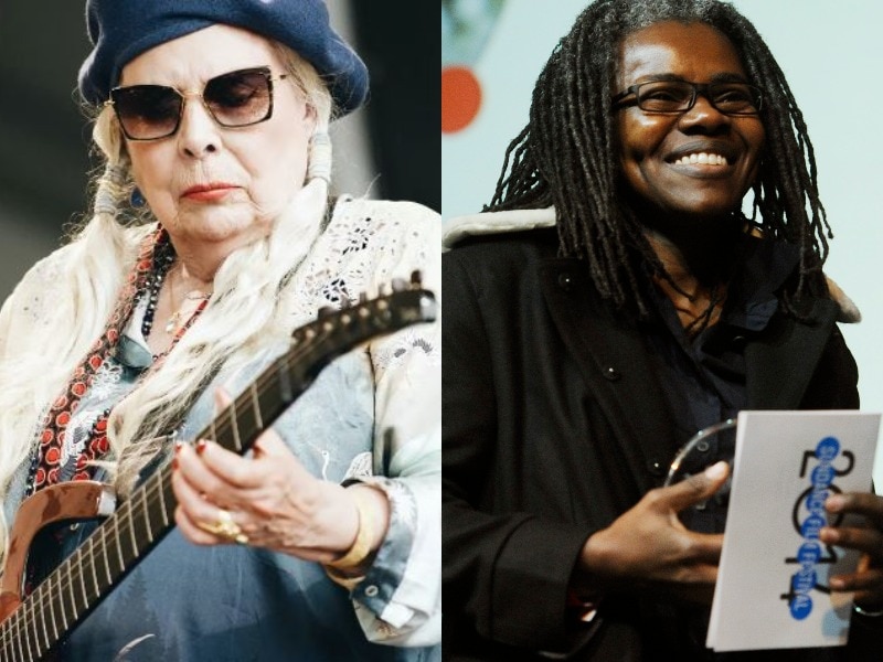 Composite image of Joni Mitchell playing the guitar and Tracy Chapman, presenting an award.