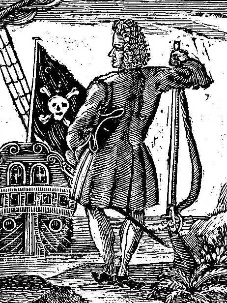 An illustration of a pirate looking out at his ship, flying a Jolly Roger