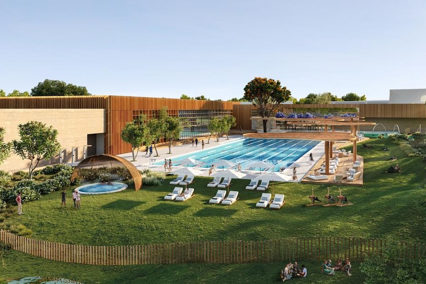 An artist's impression of the South Perth pool showing a lane swimming pool and green grass, trees and seats around the pool.