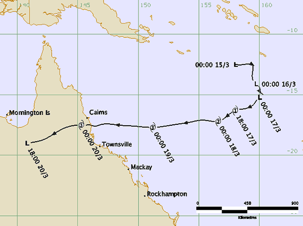 A map of how Cyclone Larry tracked. 