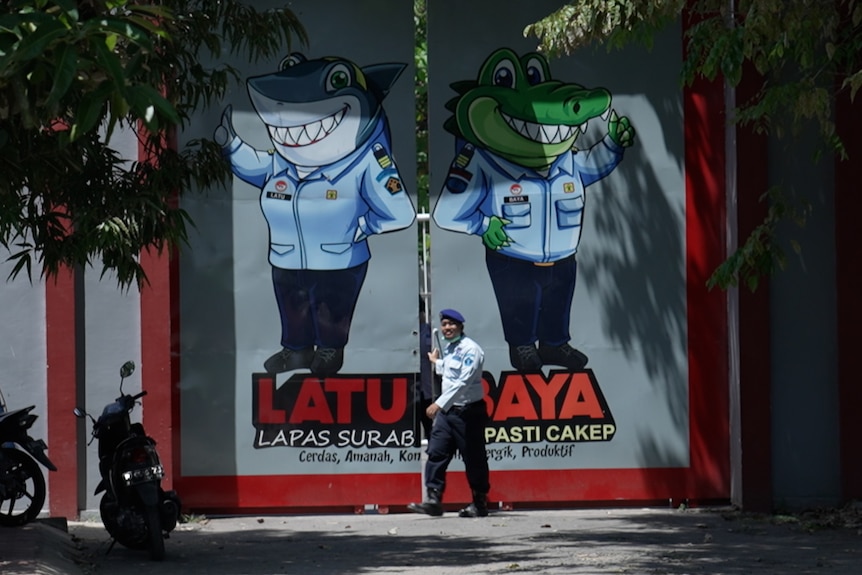 A man walks past a gate with a shark and crocodile dressed in prison uniforms printed on it. 