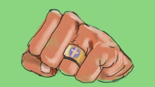 An illustration shows a man's clenched fist wearing a ring with a cross on it.