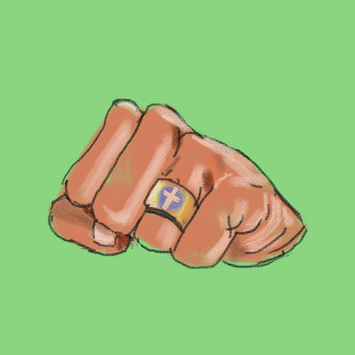 An illustration shows a man's clenched fist wearing a ring with a cross on it.