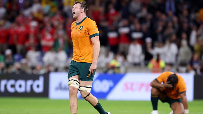 A Wallabies player shows his disappointment after the loss to Wales at the Rugby World Cup.
