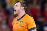 A Wallabies player shows his disappointment after the loss to Wales at the Rugby World Cup.