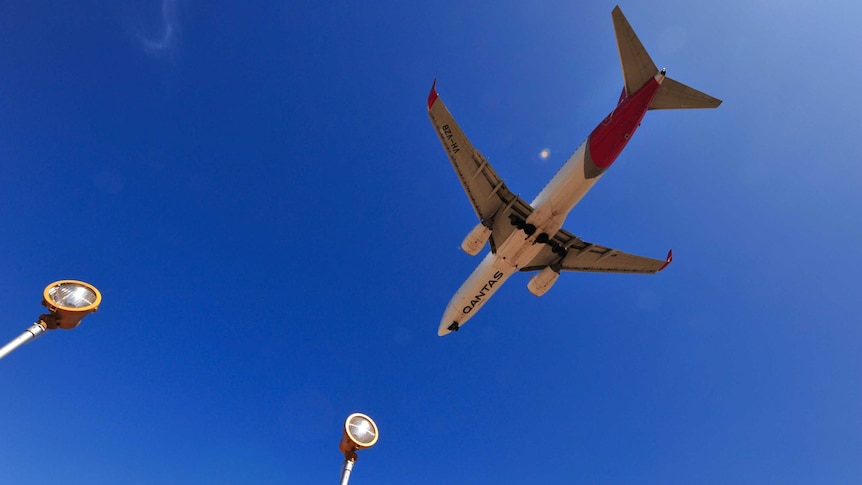 The underside of a Qantas plane flying over Adelaide