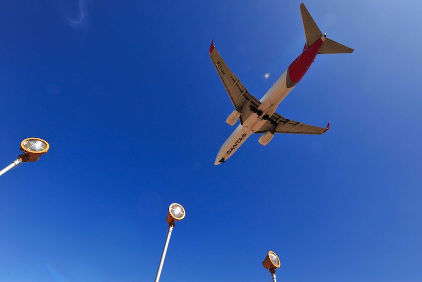 The underside of a Qantas plane flying over Adelaide