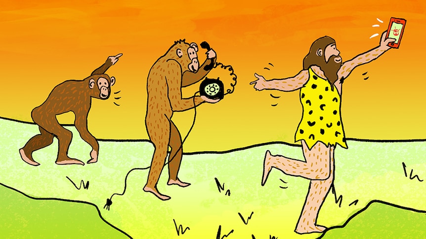 An illustration of a monkey, an ape with a telephone, and a caveman dancing with the triple j app