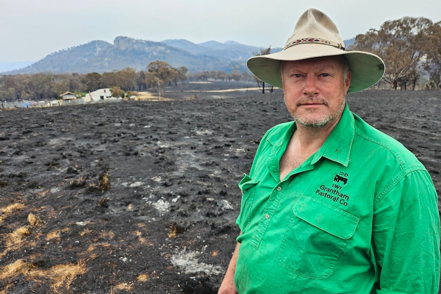 A man in a green shirt stands in front of a burnt field