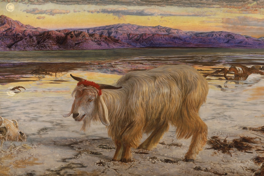 A painting of a goat in a desert landscape.