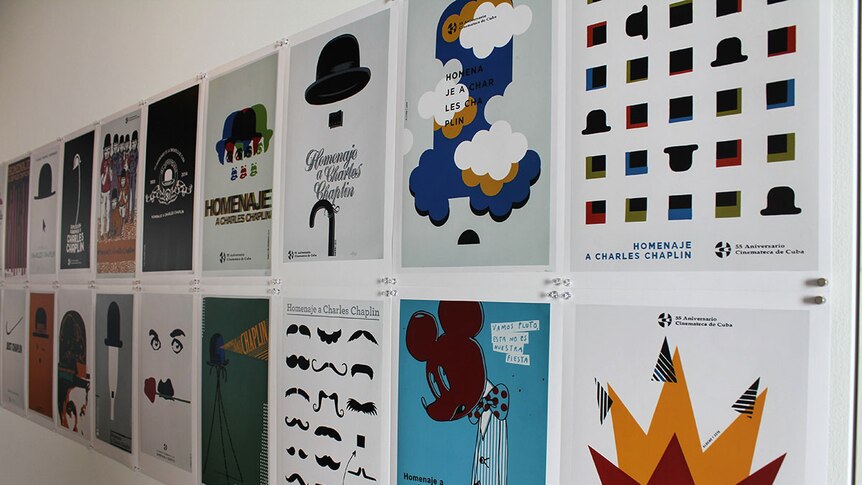 Two rows of Cuban art posters featuring Charlie Chaplin.