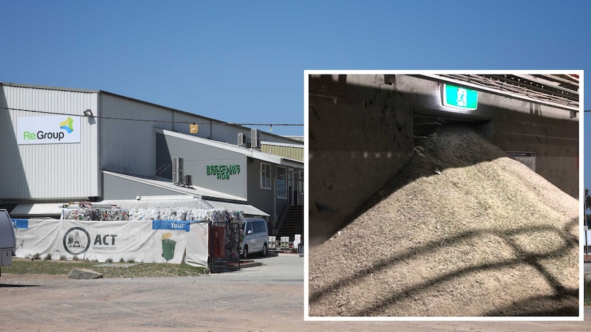 Canberra's recycling plant in Hume with an inset image of a pile of rubble in front of an emergency exit.