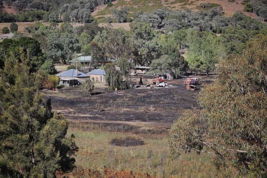 A wide, high view of grass blackened by fire in Wee Jasper.