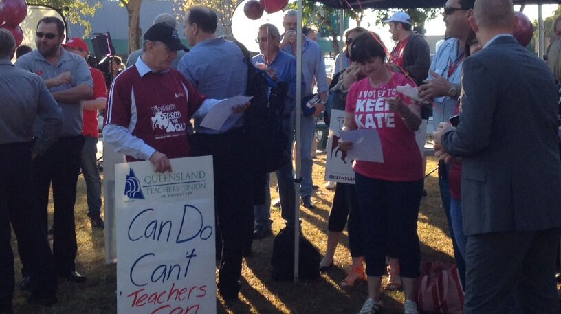 Unionists and workers gather in Mr Newman's Ashgrove electorate in Brisbane.