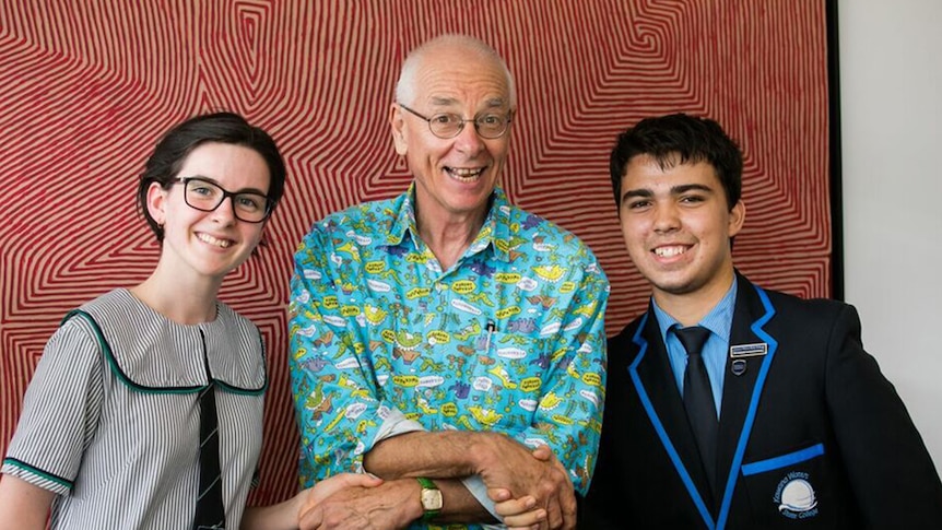 Dr Karl with two top Sunshine Coast science students ahead of the graduating ceremony at the University of the Sunshine Coast.