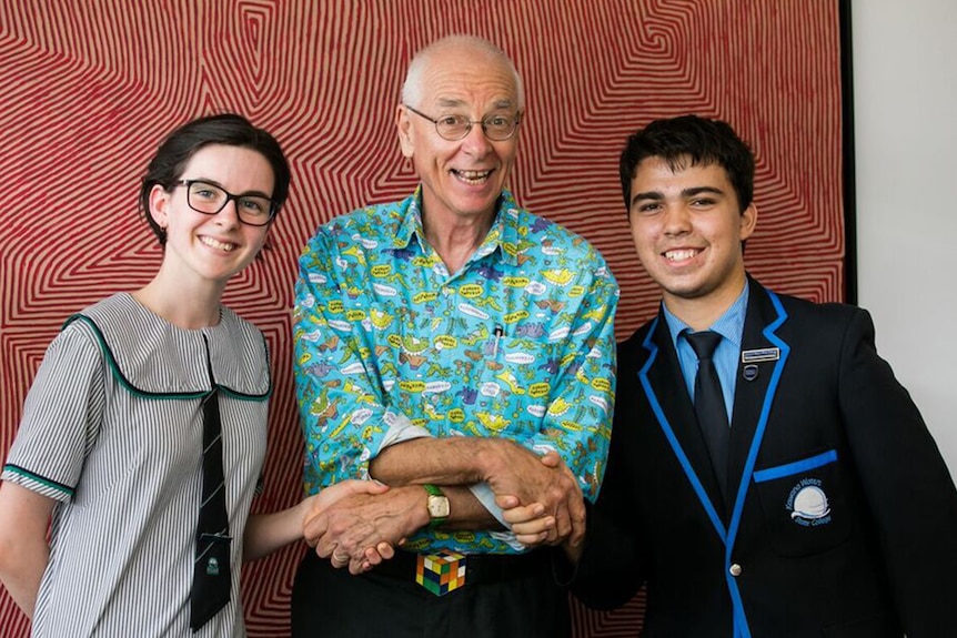 Dr Karl with two top Sunshine Coast science students ahead of the graduating ceremony at the University of the Sunshine Coast.