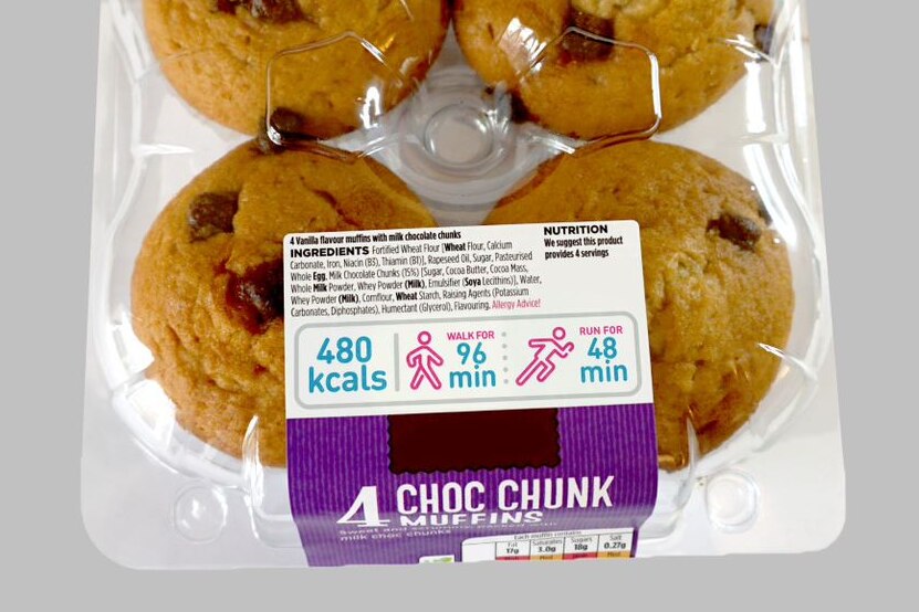 PACE (physical activity calorie equivalent) label on a muffin package