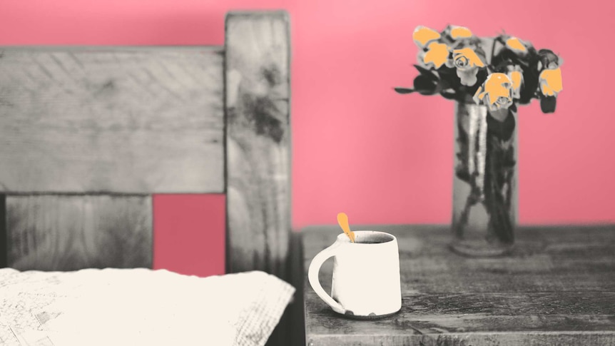 Photo and illustration of bedside table with flowers and mug to depict the act of supporting a dying loved one.