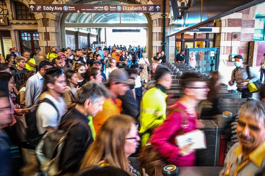 Hundreds of people walking through the station