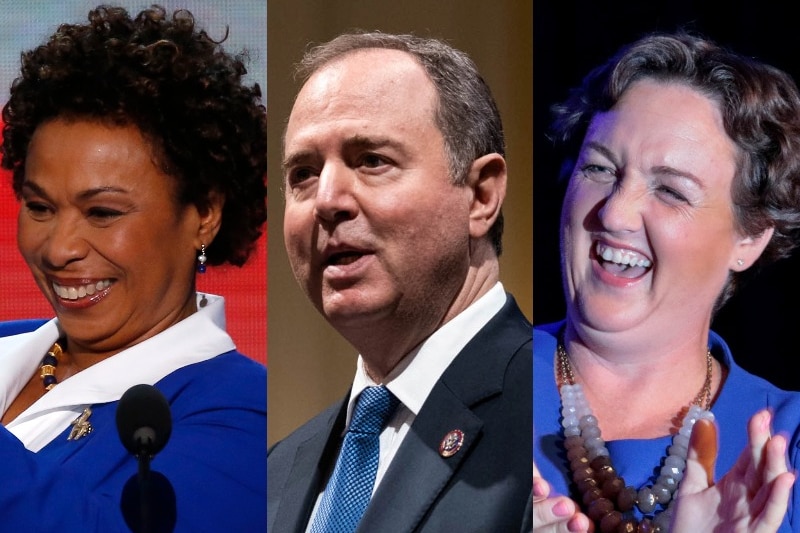 A composite image of Barbara Lee, Adam Schiff and Katie Porter