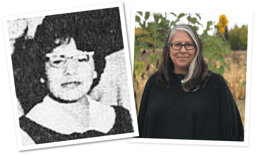 Black and white photo of woman in her middle years wearing glasses with short, dark hair and coloured photo of woman with glasse