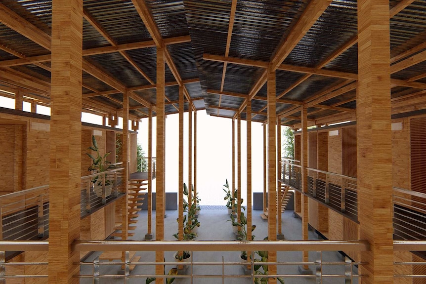 An artist's impression of a common area on the inside of low-cost bamboo housing.