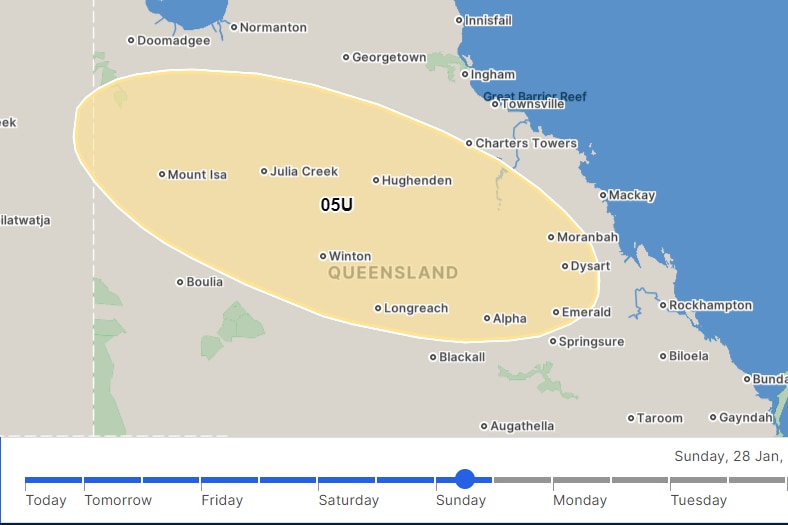 A map shows the large area that could be impacted from Cyclone Kirrily