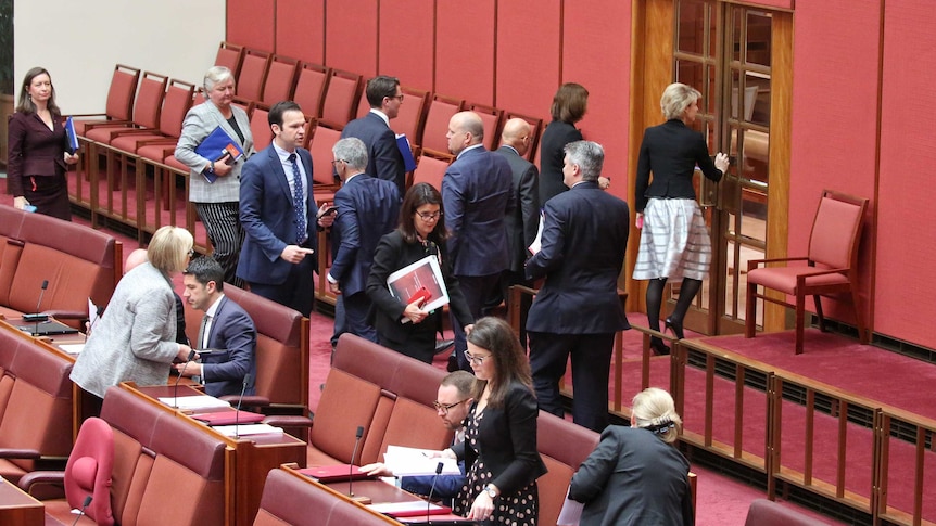 A dozen senators crowd around an exit to the chamber.