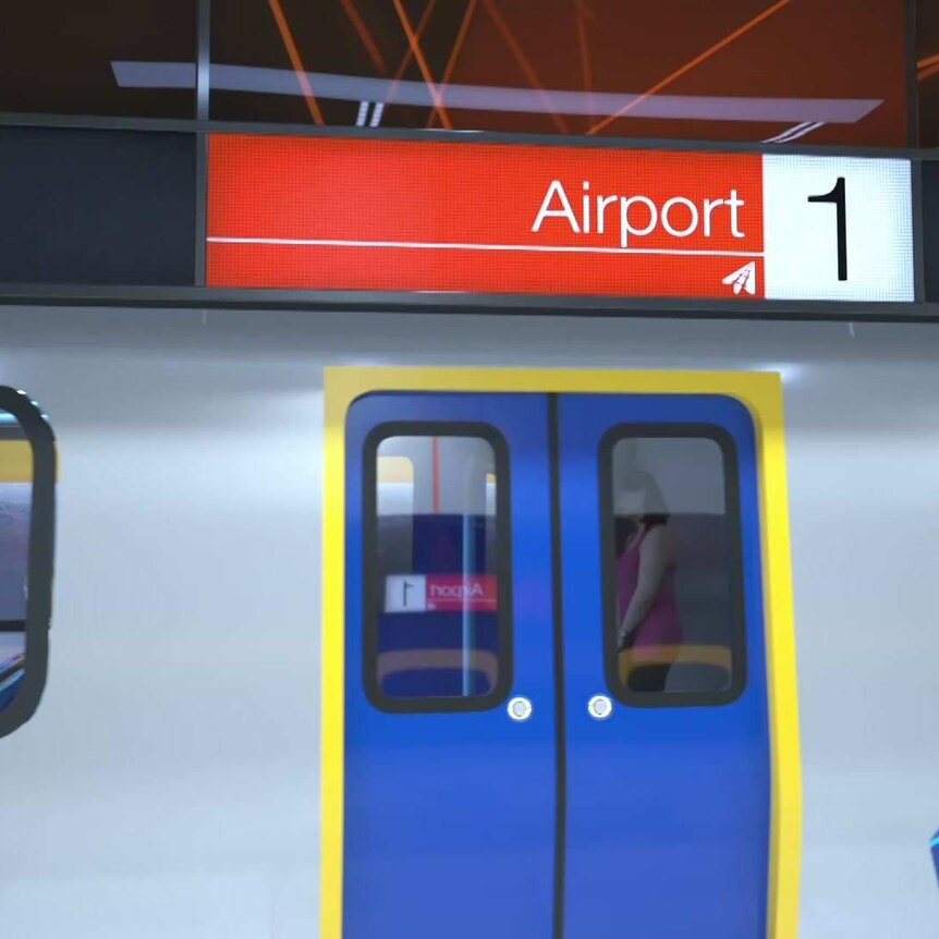 A mocked-up illustration shows a train moving past a station labelled 'Airport 1'.