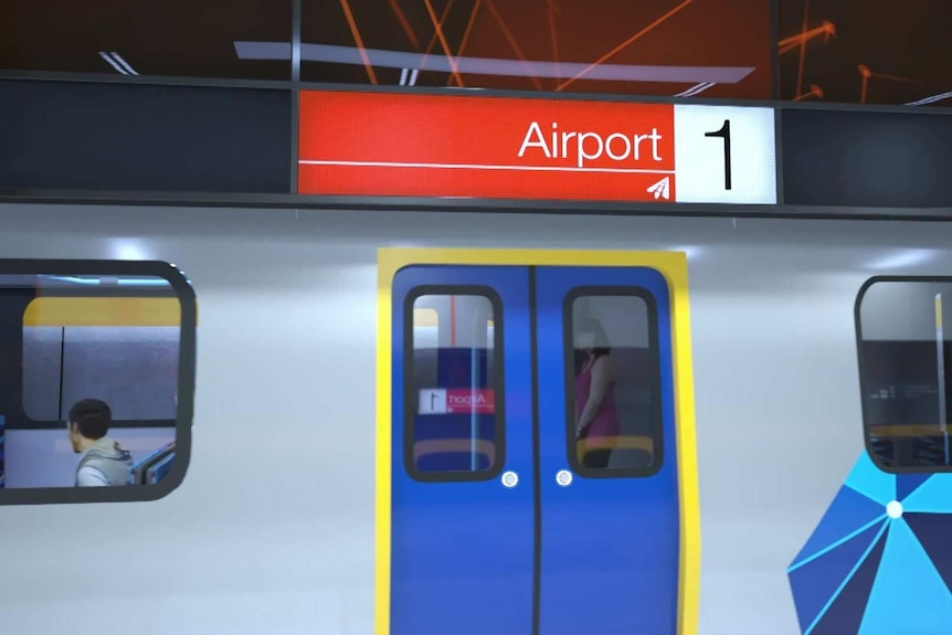 A mocked-up illustration shows a train moving past a station labelled 'Airport 1'.