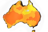 A map of Australia showing above average mean temps across the country. It is printed on paper and the coast has been burnt.