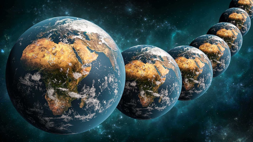 A digital artist’s image of multiple Earths, arranged like a string of pearls in space.