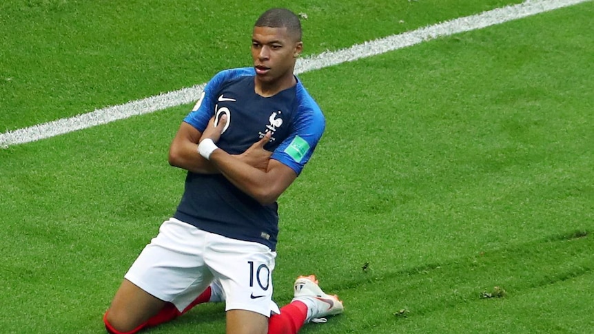 France's Kylian Mbappe celebrates scoring his team's third goal against Argentina in Kazan.