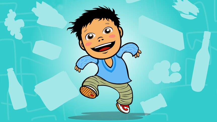 Cartoon boy smiles and jumps in the air