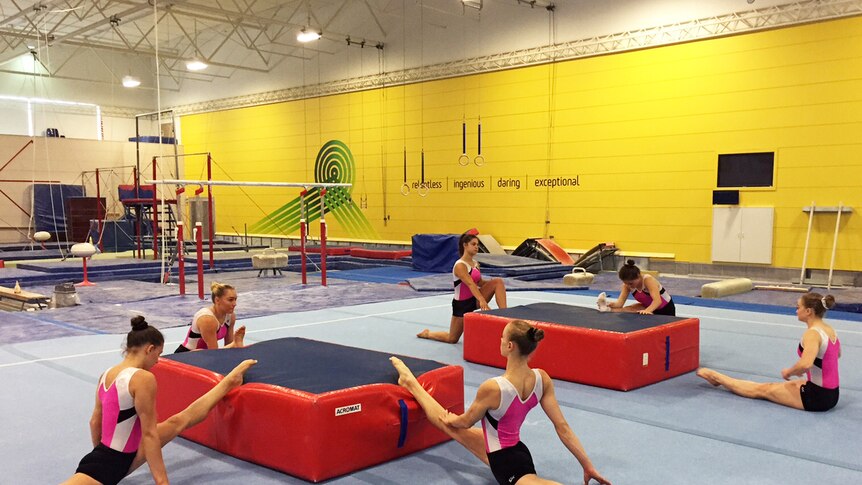 Australian women gymnasts in training at AIS in Canberra.