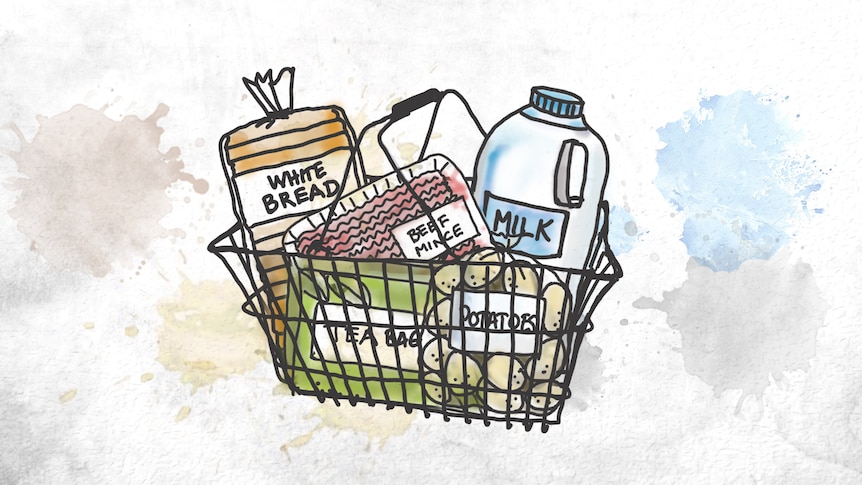 An illustration of a typical basket of groceries.