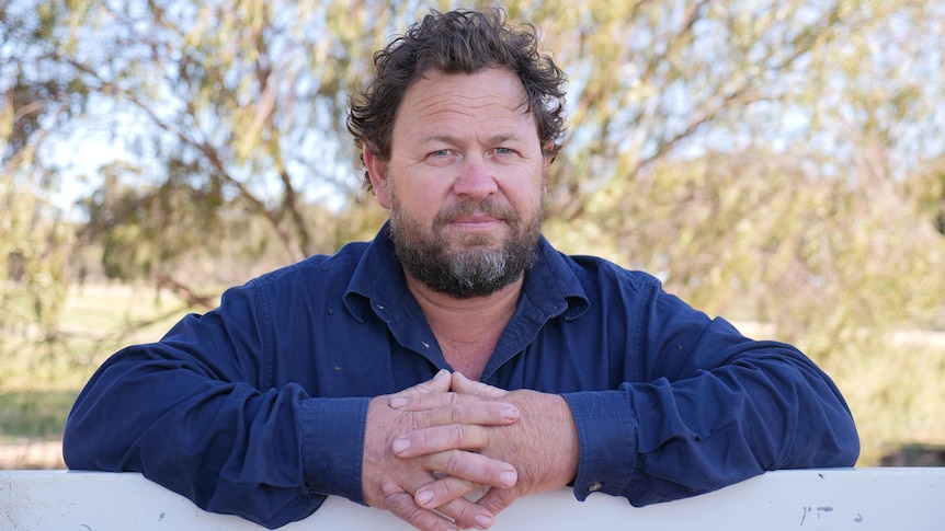 A man in a blue shirt leans over the edge of a ute with gum trees in the background