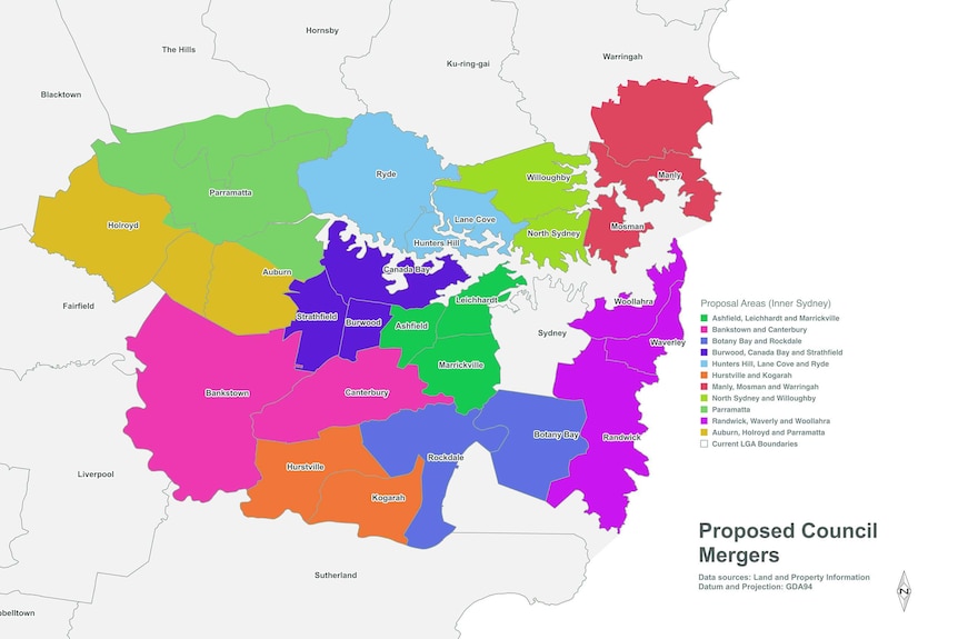 A map showing proposed council mergers in Sydney.