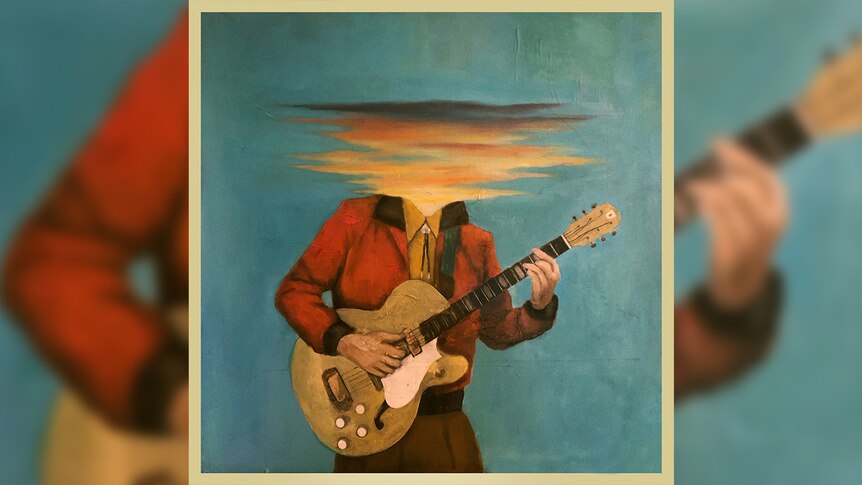 Painting of a man in red jacket playing a guitar, his head is deliberately blurry