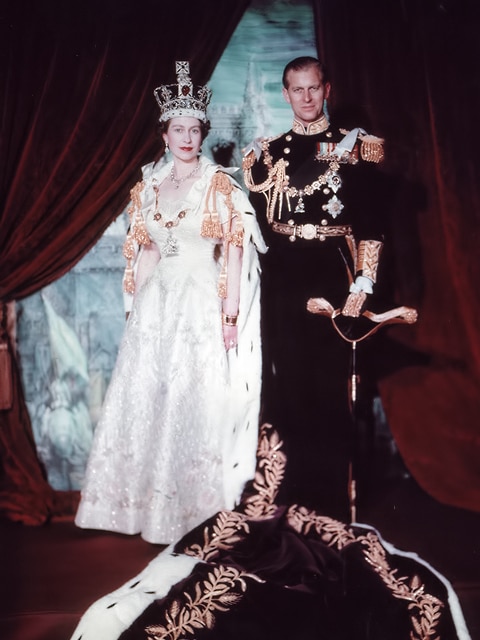 Queen Elizabeth II and Prince Philip pose for the Queen's Coronation portrait.