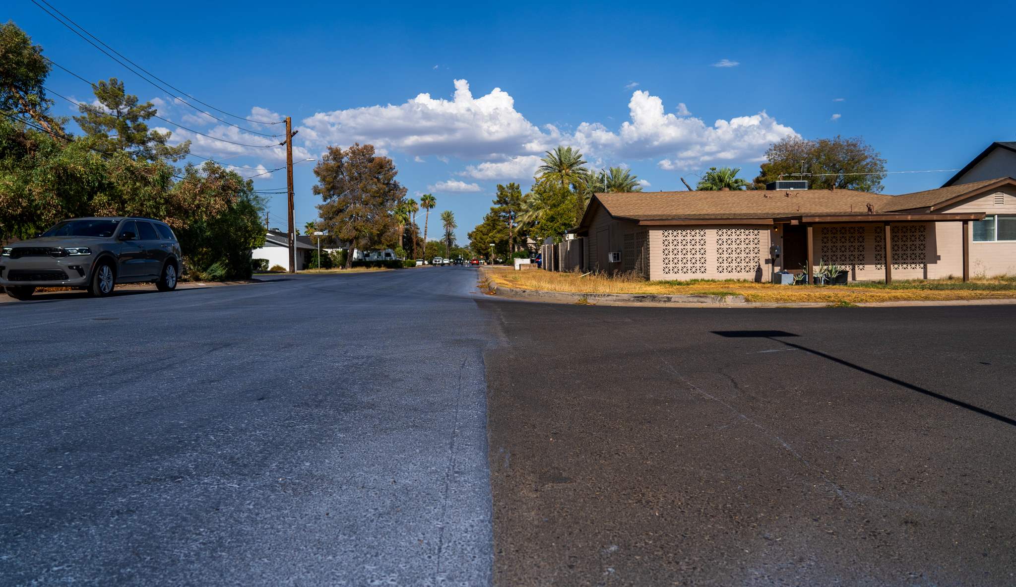 A tree lined road treated with a special type of coating reflects sunlight back up at the sky.