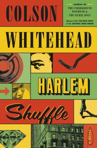 The book cover of Harlem Shuffle by Colson Whitehead, blocks of yellow, red and green filled with old photos and the books title
