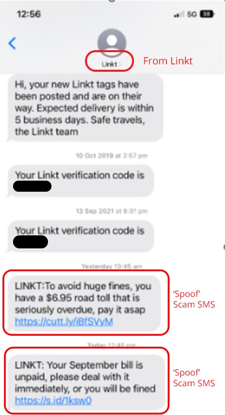 A screenshot of messages sent from Linkt, which include legitimate messages and scam messages with short URLs in the thread