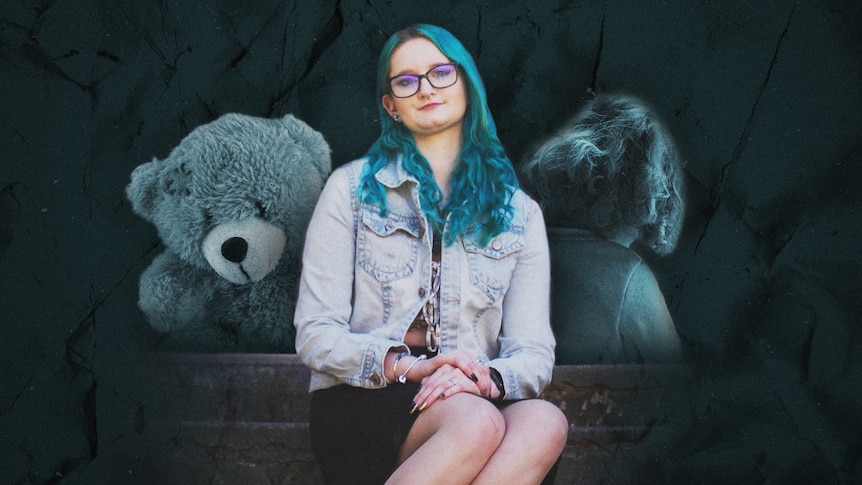 A composite of a young woman, a child and a teddy bear.