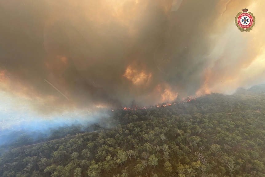 An aerial view of a bushfire burning at Deepwater.