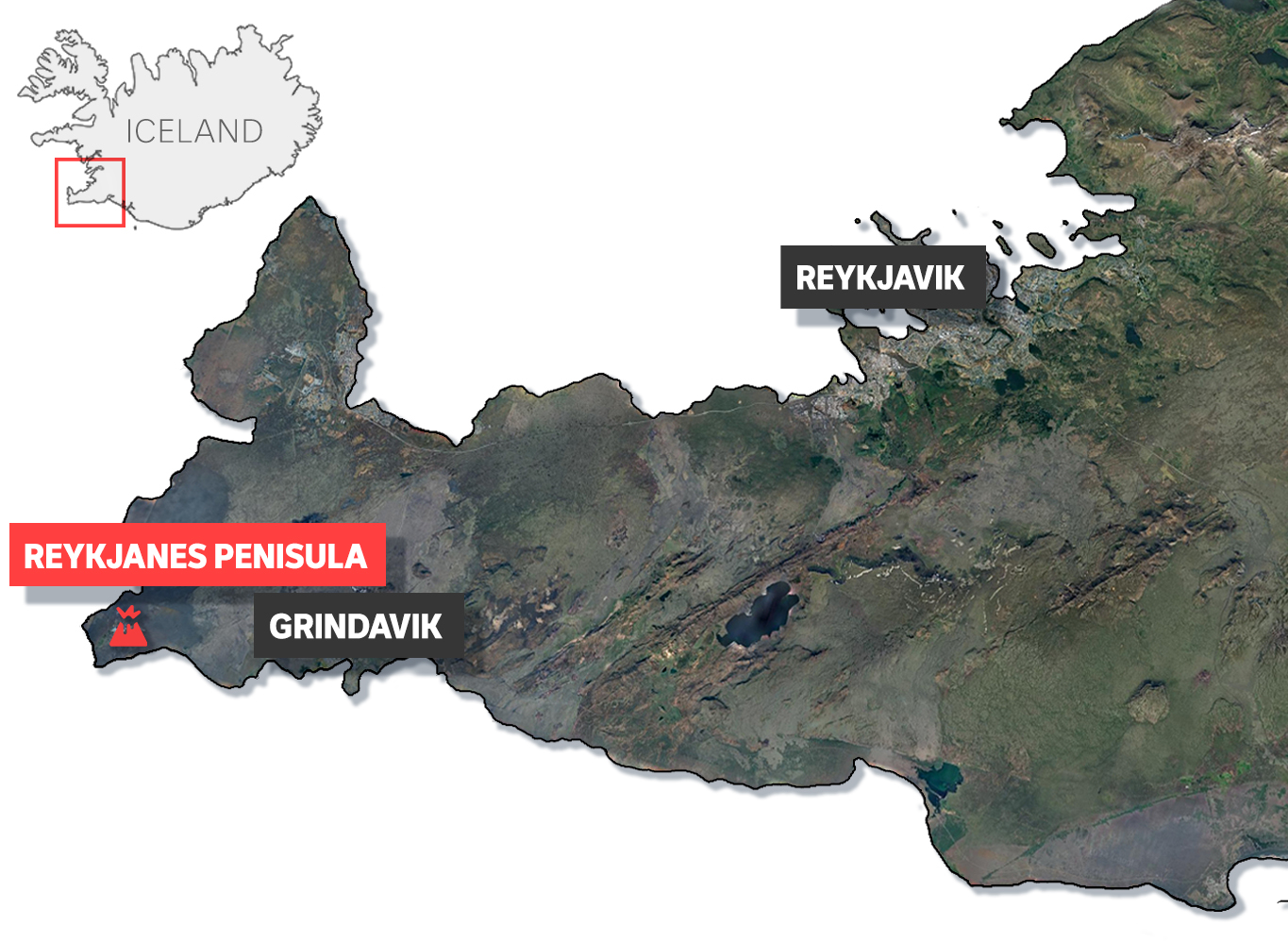 A map showing a peninsula in Iceland the locations of Reykyavik, Grindavid and the Reykjanes Peninsula marked.