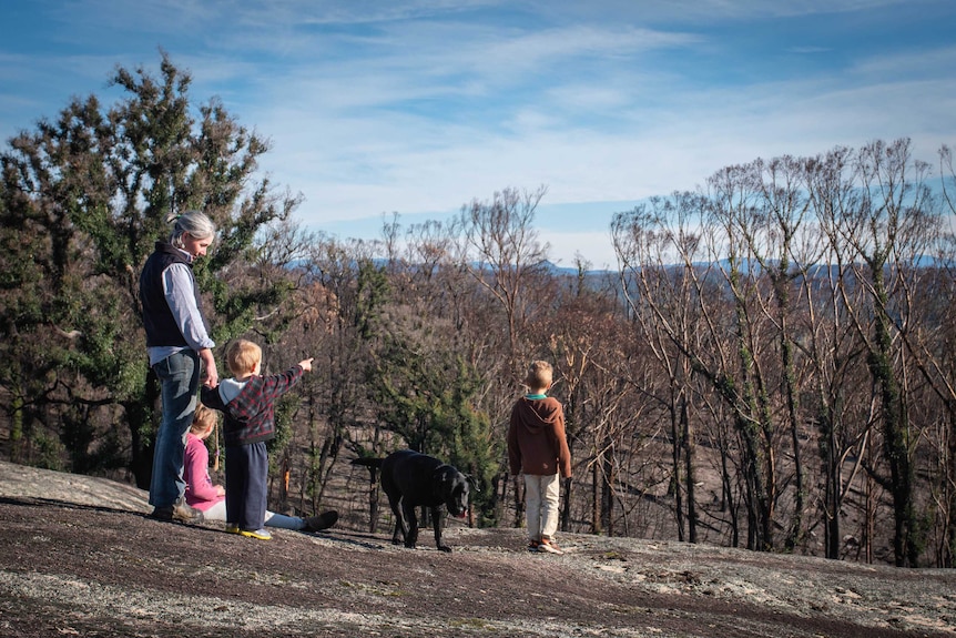 Tanya De Geus, her three kids and dog stand on a bare rock looking out over burnt bushland on their property.
