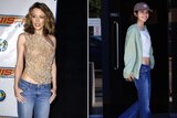 A composite image of two women wearing low cut jeans, the left is a photo from 2001 and the right it's from 2023.
